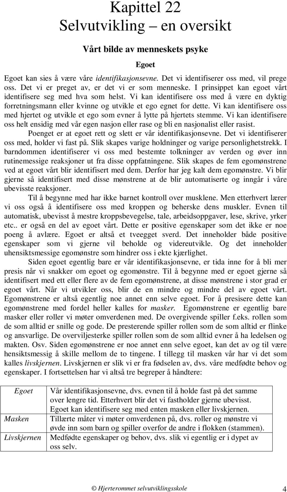 Vi kan identifisere oss med å være en dyktig forretningsmann eller kvinne og utvikle et ego egnet for dette. Vi kan identifisere oss med hjertet og utvikle et ego som evner å lytte på hjertets stemme.