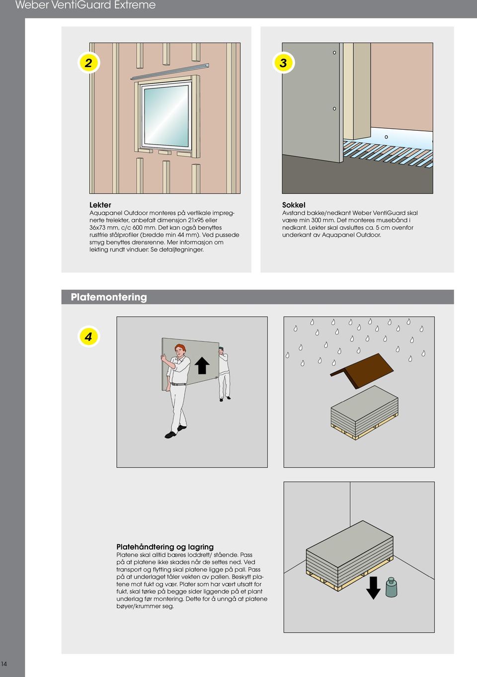 Sokkel Avstand bakke/nedkant Weber VentiGuard skal være min 300 mm. Det monteres musebånd i nedkant. Lekter skal avsluttes ca. 5 cm ovenfor underkant av Aquapanel Outdoor.