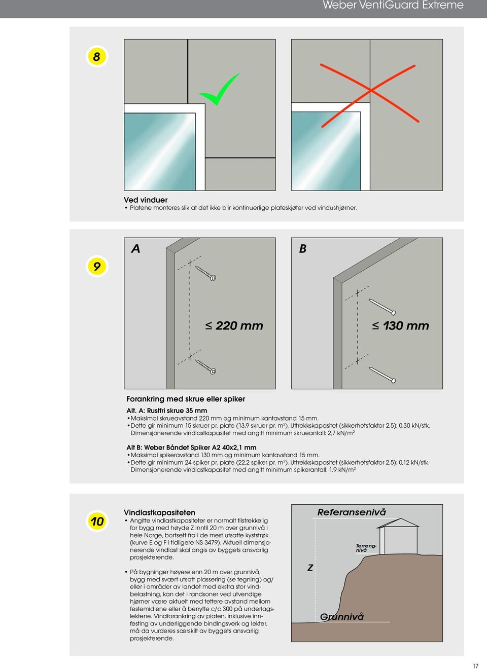 Dimensjonerende vindlastkapasitet med angitt minimum skrueantall: 2,7 kn/m 2 Alt B: Weber Båndet Spiker A2 40x2,1 mm Maksimal spikeravstand 130 mm og minimum kantavstand 15 mm.