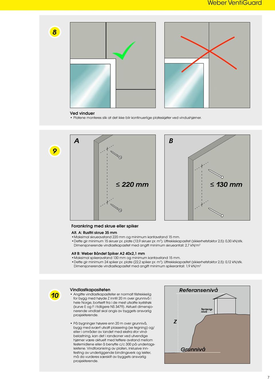 Dimensjonerende vindlastkapasitet med angitt minimum skrueantall: 2,7 kn/m 2 Alt B: Weber Båndet Spiker A2 40x2,1 mm Maksimal spikeravstand 130 mm og minimum kantavstand 15 mm.