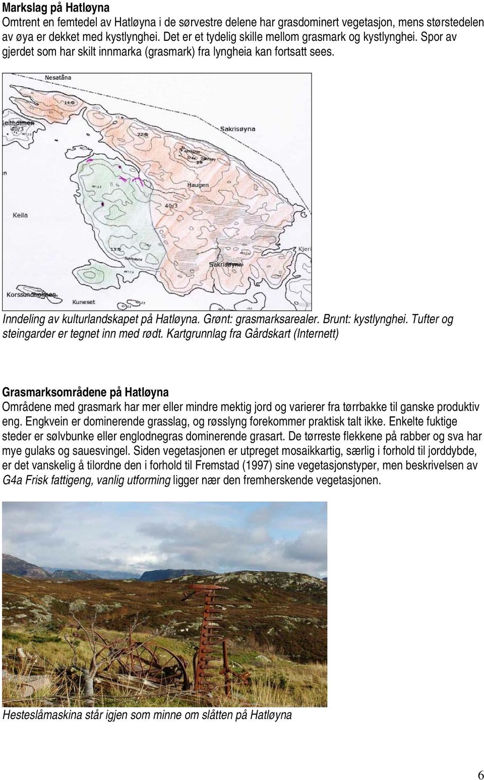 Grønt: grasmarksarealer. Brunt: kystlynghei. Tufter og steingarder er tegnet inn med rødt.