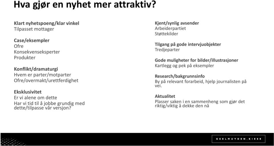 Ofre/overmakt/urettferdighet Eksklusivitet Er vi alene om dette Har vi tid til å jobbe grundig med dette/tilpasse vår versjon?