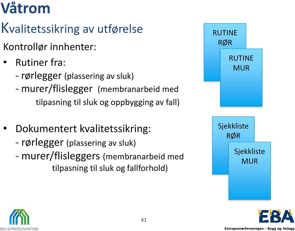 av fall) Dokumentert kvalitetssikring: - rørlegger (plassering av sluk) - murer/flisleggers