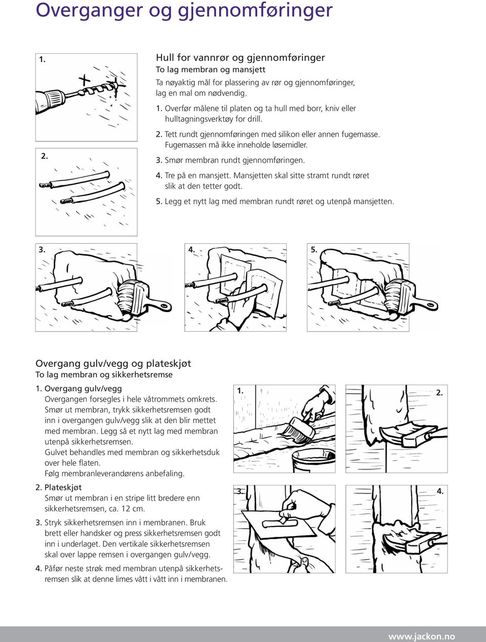 Mansjetten skal sitte stramt rundt røret slik at den tetter godt. 5. Legg et nytt lag med membran rundt røret og utenpå mansjetten. 3. 4. 5. Overgang gulv/vegg og plateskjøt To lag membran og sikkerhetsremse 1.