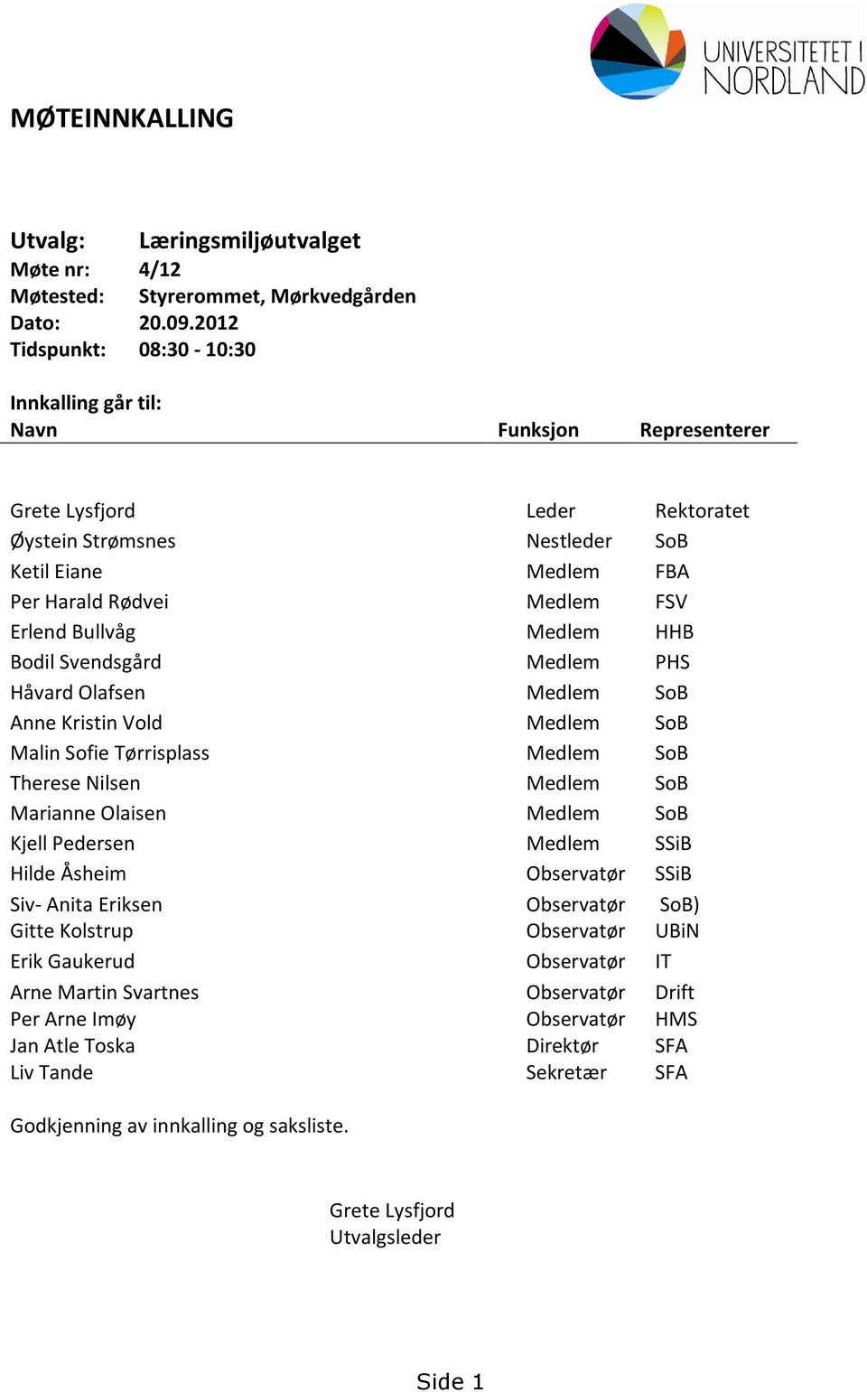 Bullvåg Medlem HHB Bodil Svendsgård Medlem PHS Håvard Olafsen Medlem SoB Anne Kristin Vold Medlem SoB Malin Sofie Tørrisplass Medlem SoB Therese Nilsen Medlem SoB Marianne Olaisen Medlem SoB Kjell