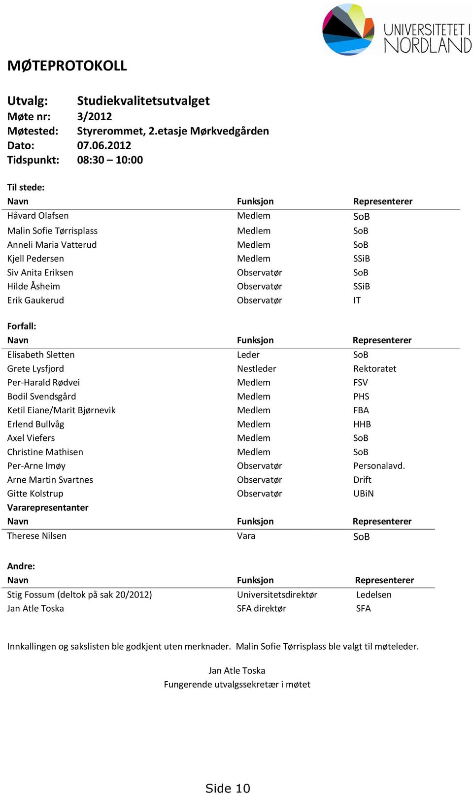 Eriksen Observatør SoB Hilde Åsheim Observatør SSiB Erik Gaukerud Observatør IT Forfall: Navn Funksjon Representerer Elisabeth Sletten Leder SoB Grete Lysfjord Nestleder Rektoratet Per-Harald Rødvei