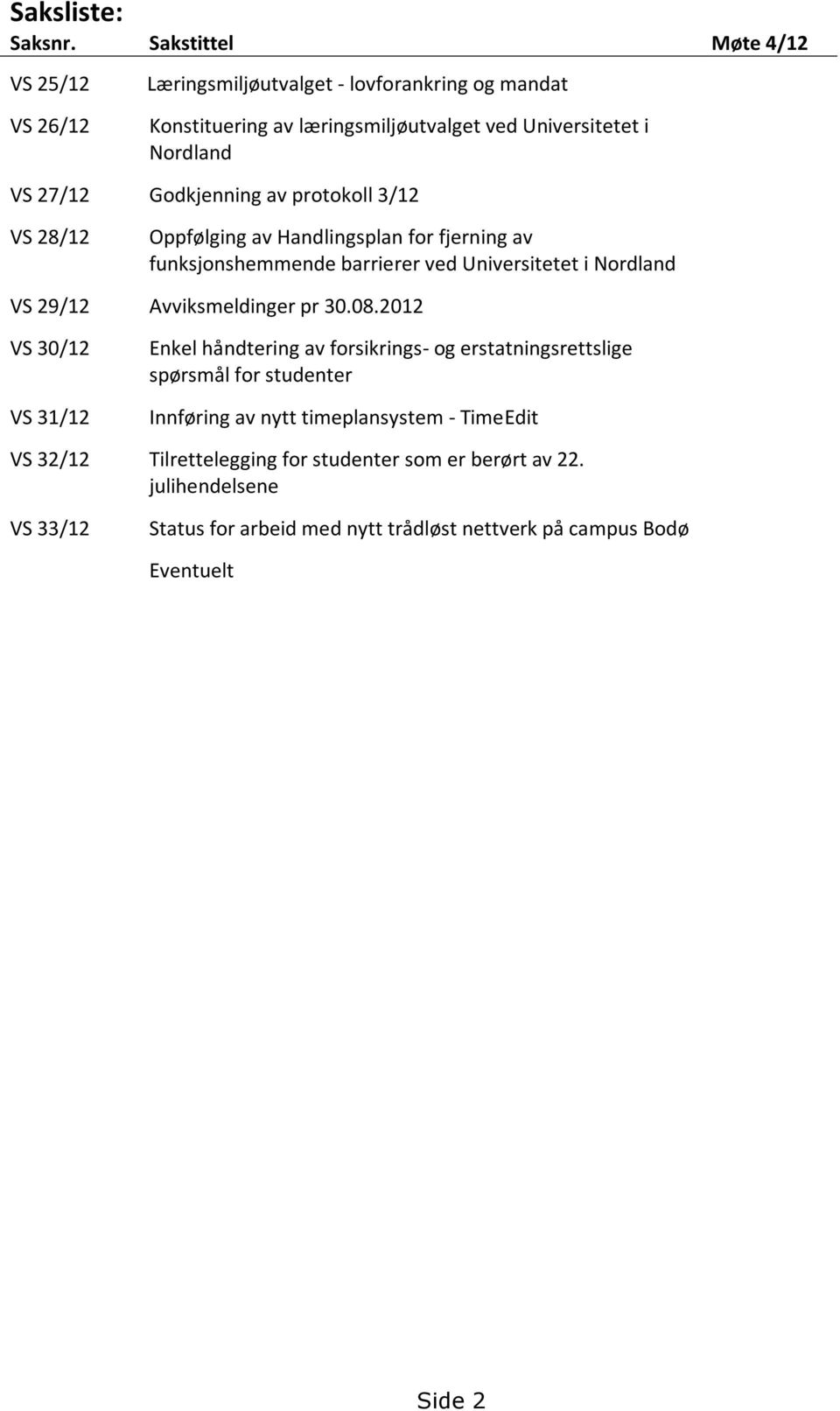 Godkjenning av protokoll 3/12 VS 28/12 Oppfølging av Handlingsplan for fjerning av funksjonshemmende barrierer ved Universitetet i Nordland VS 29/12 Avviksmeldinger