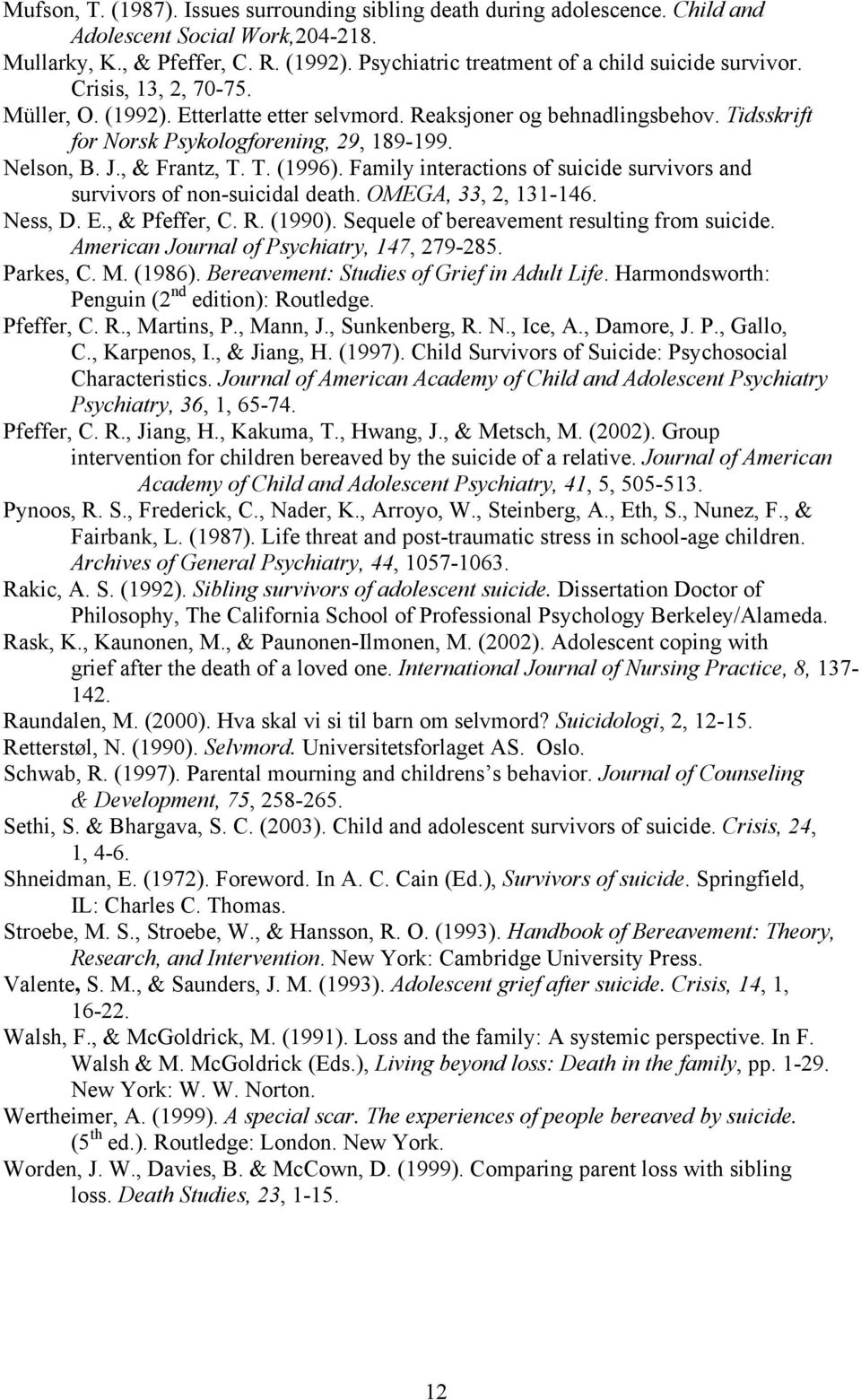 Tidsskrift for Norsk Psykologforening, 29, 189-199. Nelson, B. J., & Frantz, T. T. (1996). Family interactions of suicide survivors and survivors of non-suicidal death. OMEGA, 33, 2, 131-146. Ness, D.