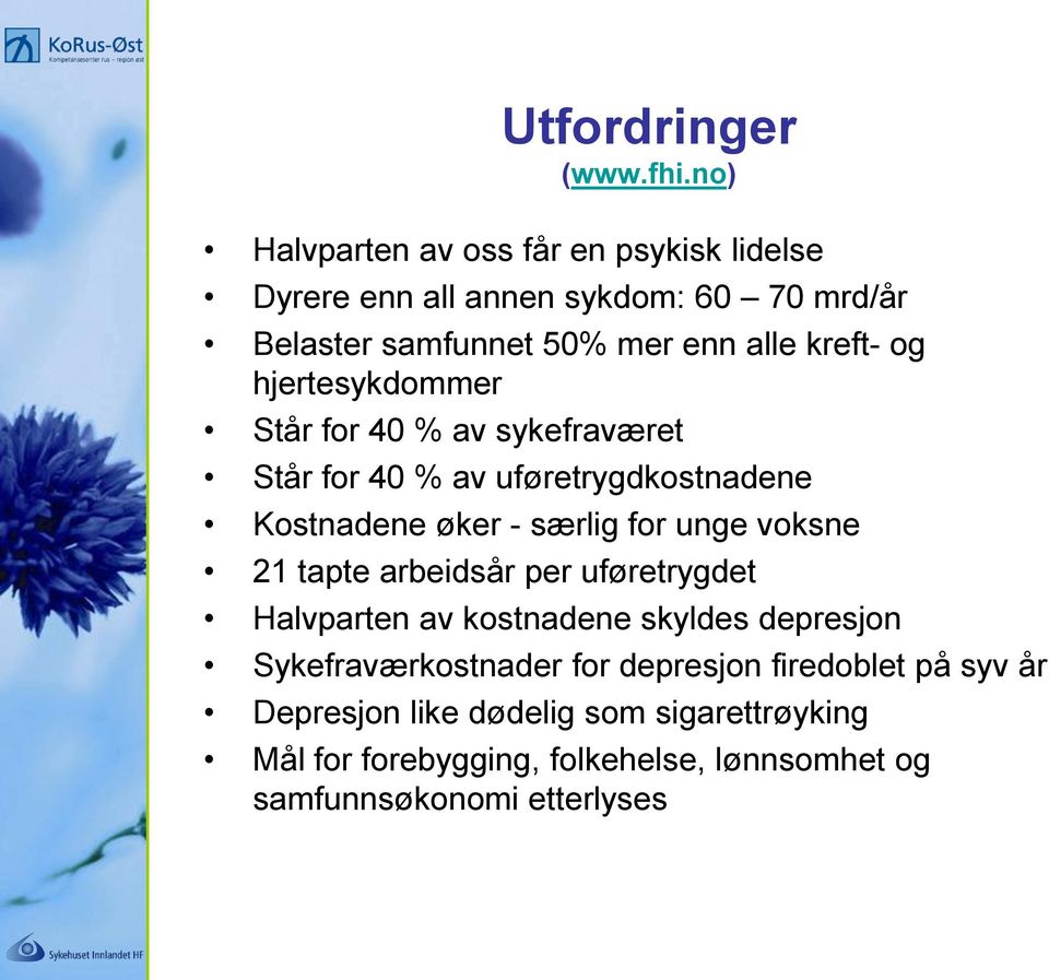 hjertesykdommer Står for 40 % av sykefraværet Står for 40 % av uføretrygdkostnadene Kostnadene øker - særlig for unge voksne 21