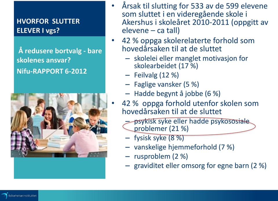 % oppga skolerelaterte forhold som hovedårsaken til at de sluttet skolelei eller manglet motivasjon for skolearbeidet (17 %) Feilvalg (12 %) Faglige vansker (5 %)