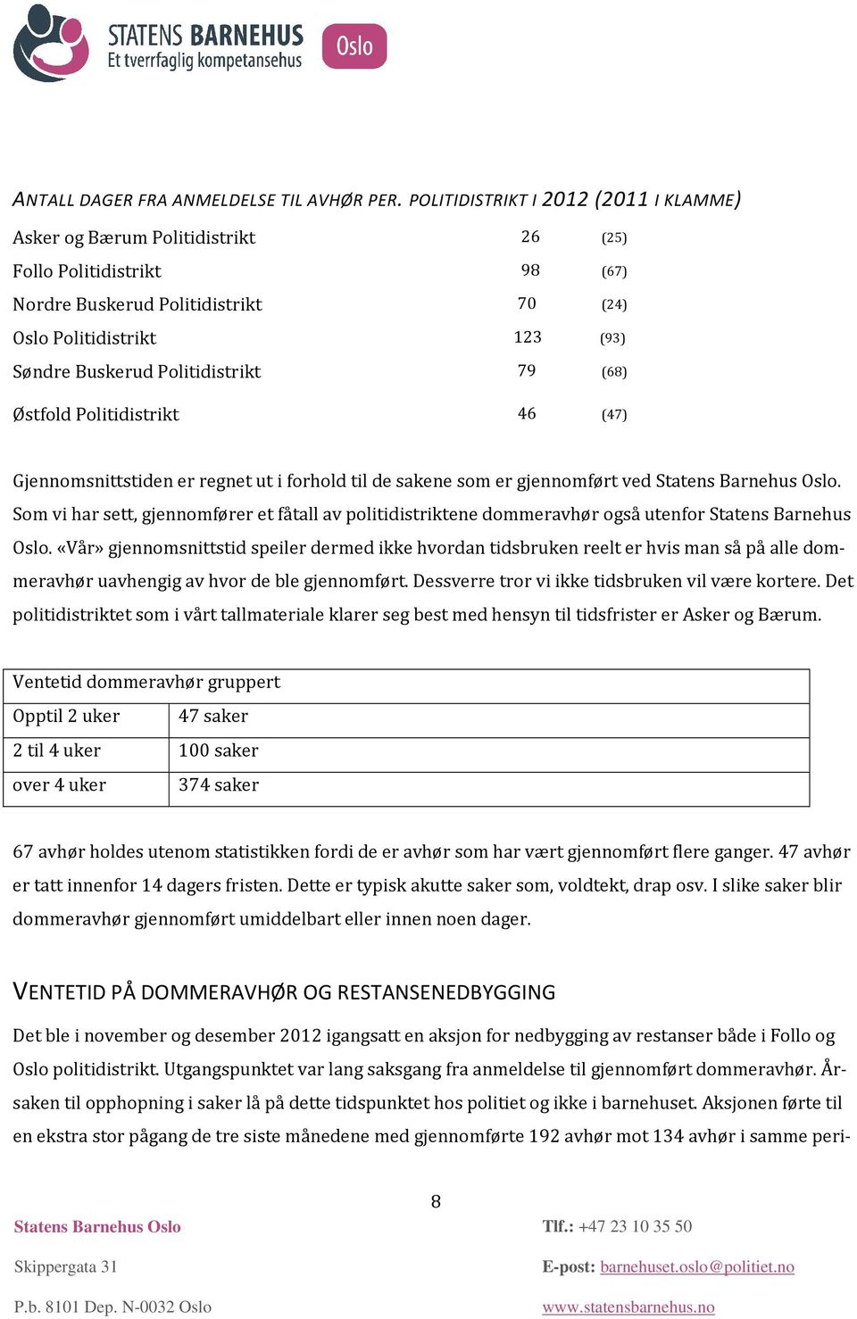 Politidistrikt 79 (68) Østfold Politidistrikt 46 (47) Gjennomsnittstiden er regnet ut i forhold til de sakene som er gjennomført ved.