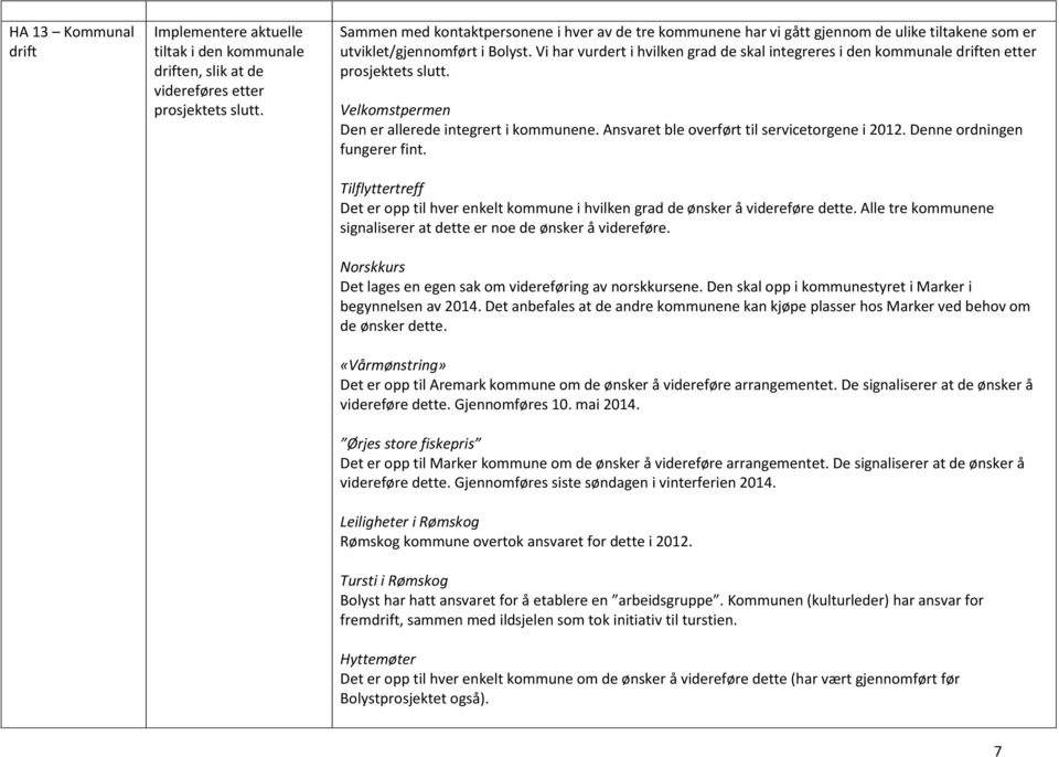 Vi har vurdert i hvilken grad de skal integreres i den kommunale driften etter prosjektets slutt. Velkomstpermen Den er allerede integrert i kommunene. Ansvaret ble overført til servicetorgene i 2012.