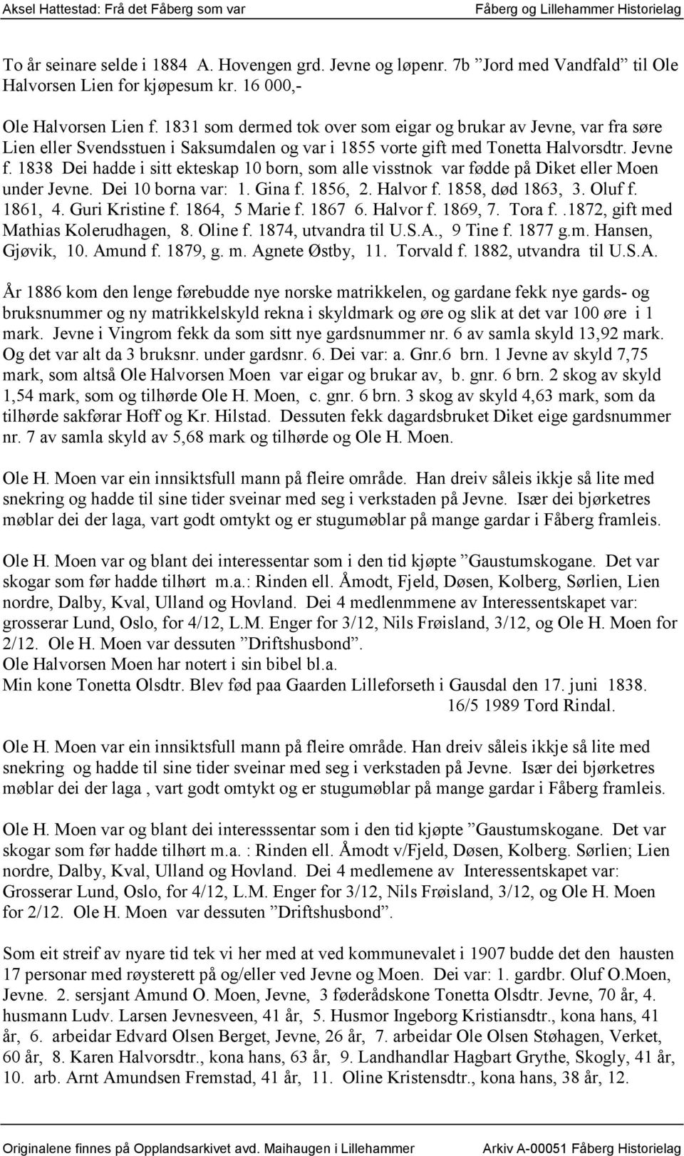 1838 Dei hadde i sitt ekteskap 10 born, som alle visstnok var fødde på Diket eller Moen under Jevne. Dei 10 borna var: 1. Gina f. 1856, 2. Halvor f. 1858, død 1863, 3. Oluf f. 1861, 4.