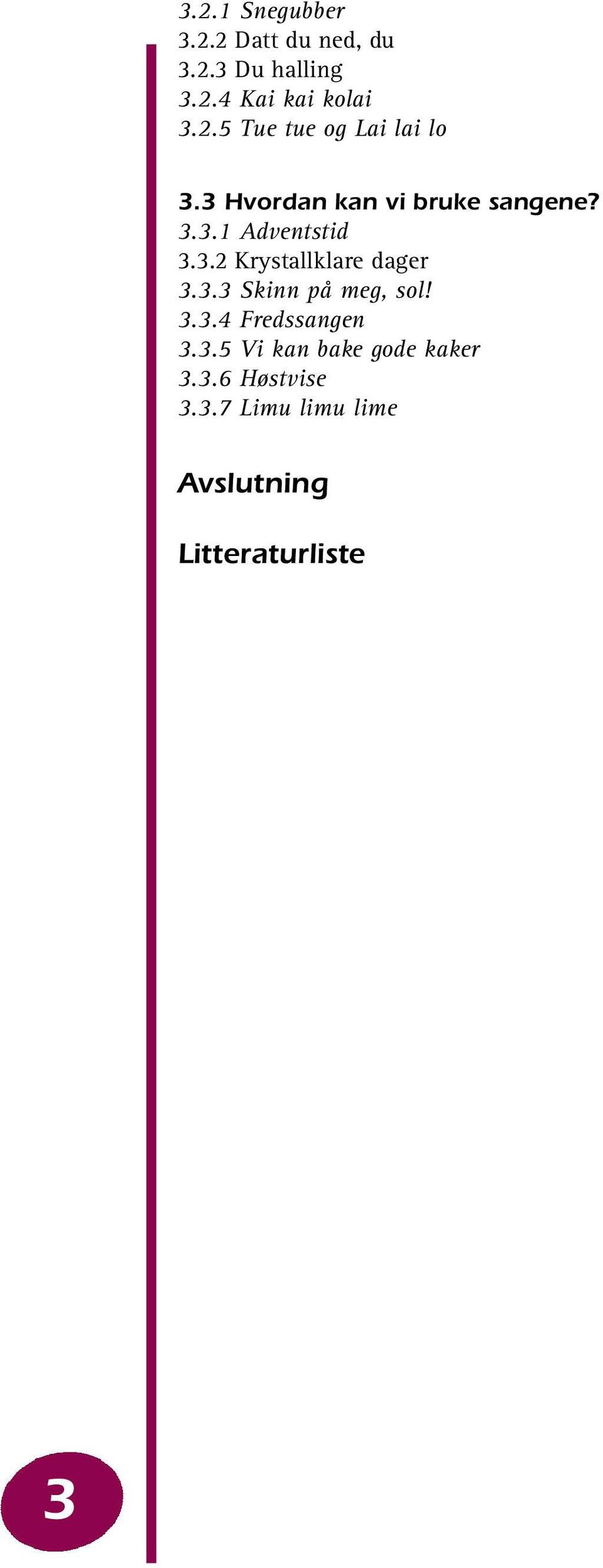 3.3.4 Fredssangen 3.3.5 Vi kan bake gode kaker 3.3.6 Høstvise 3.3.7 Limu limu lime Avslutning Litteraturliste 3