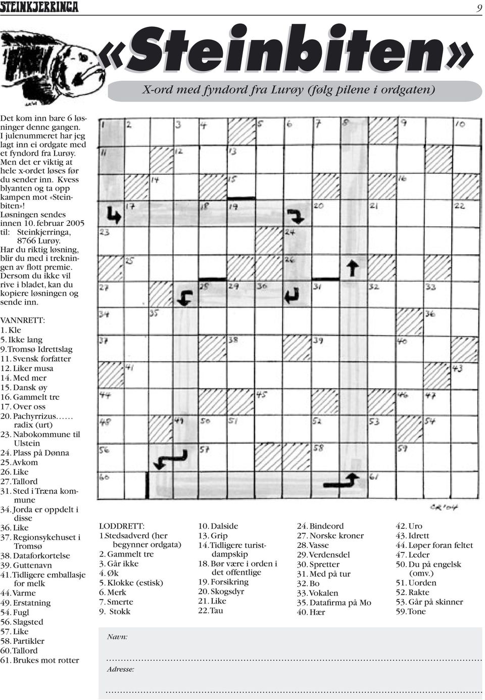 Har du riktig løsning, blir du med i trekningen av flott premie. Dersom du ikke vil rive i bladet, kan du kopiere løsningen og sende inn. VANNRETT: 1. Kle 5. Ikke lang 9. Tromsø Idrettslag 11.