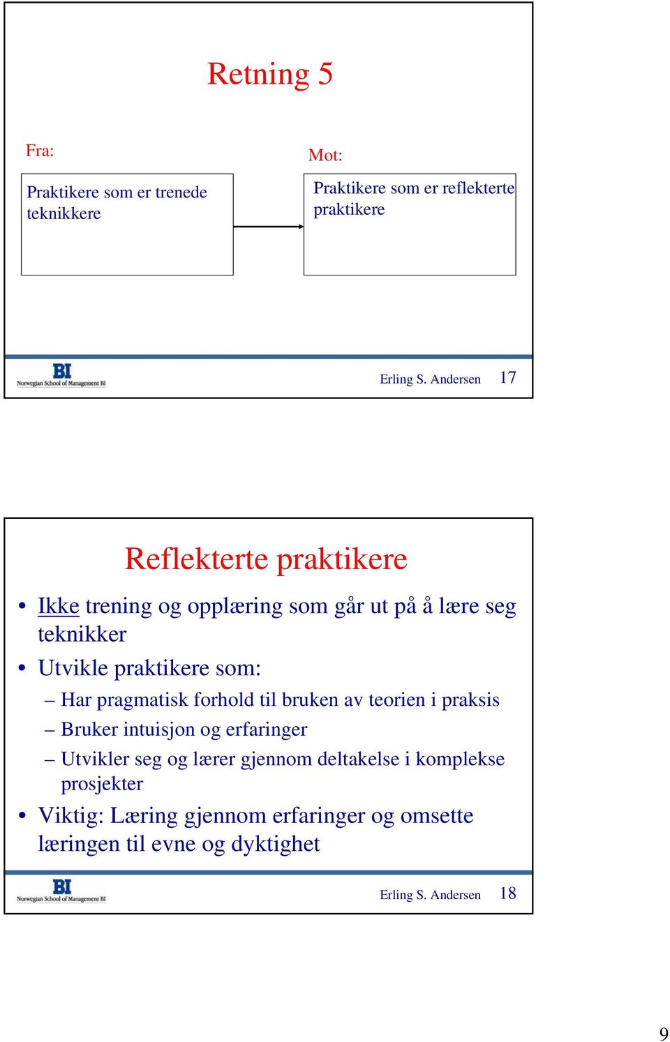 Har pragmatisk forhold til bruken av teorien i praksis Bruker intuisjon og erfaringer Utvikler seg og lærer gjennom