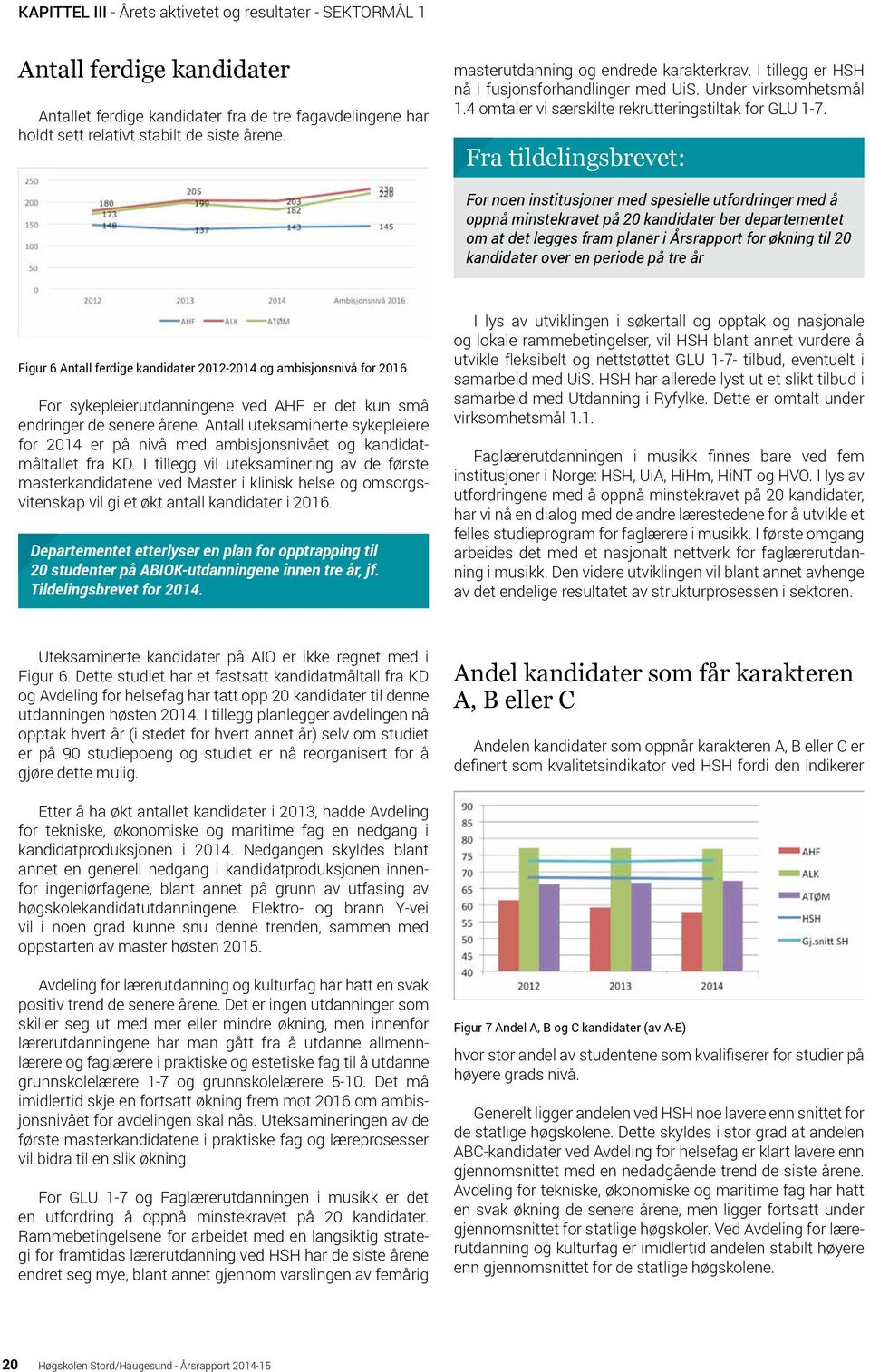 Fra tildelingsbrevet: For noen institusjoner med spesielle utfordringer med å oppnå minstekravet på 20 kandidater ber departementet om at det legges fram planer i Årsrapport for økning til 20