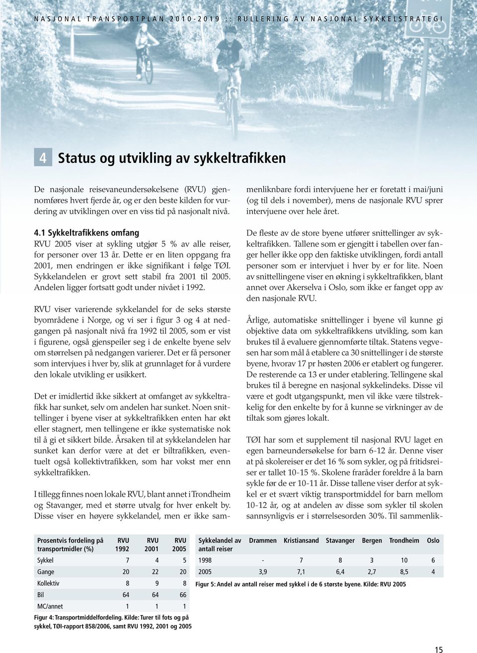 Sykkelandelen er grovt sett stabil fra 2001 til 2005. Andelen ligger fortsatt godt under nivået i 1992.