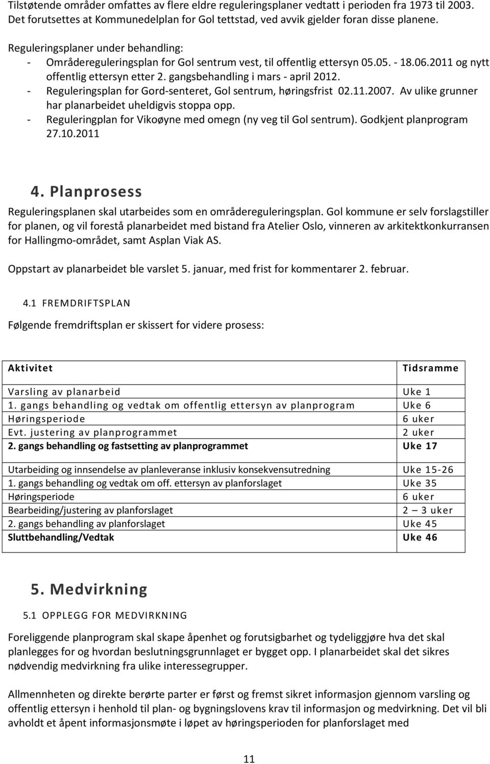 - Reguleringsplan for Gord-senteret, Gol sentrum, høringsfrist 02.11.2007. Av ulike grunner har planarbeidet uheldigvis stoppa opp. - Reguleringplan for Vikoøyne med omegn (ny veg til Gol sentrum).