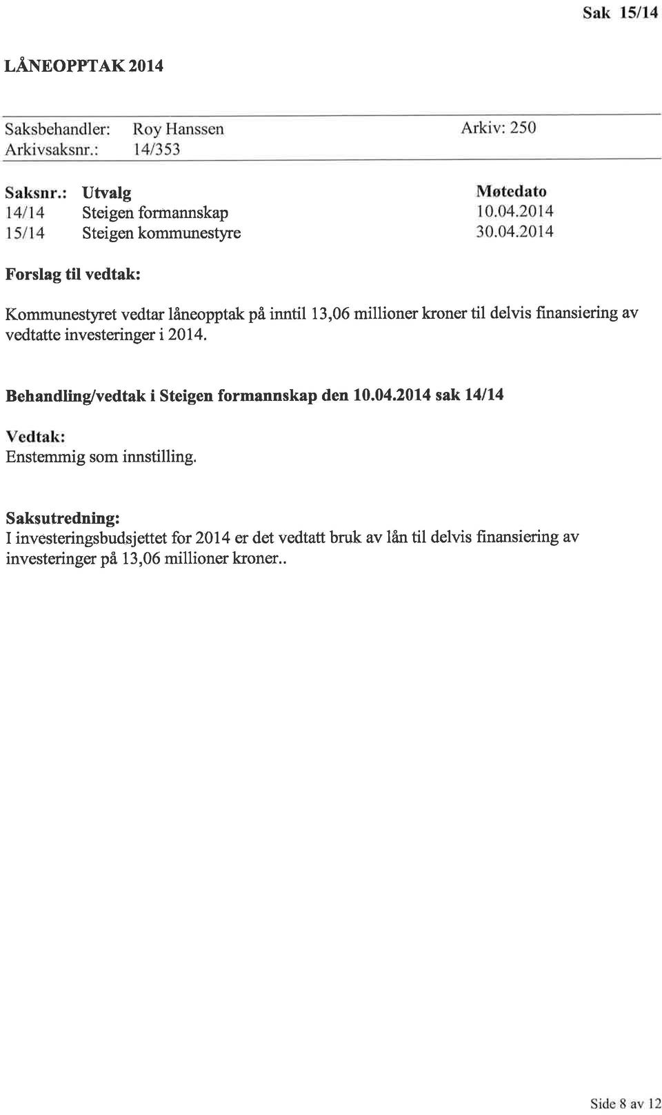 Behandling/vedtak i Steigen formannskap den 10.04.2014 sakl4ll4 Enstønmig som innstilling.