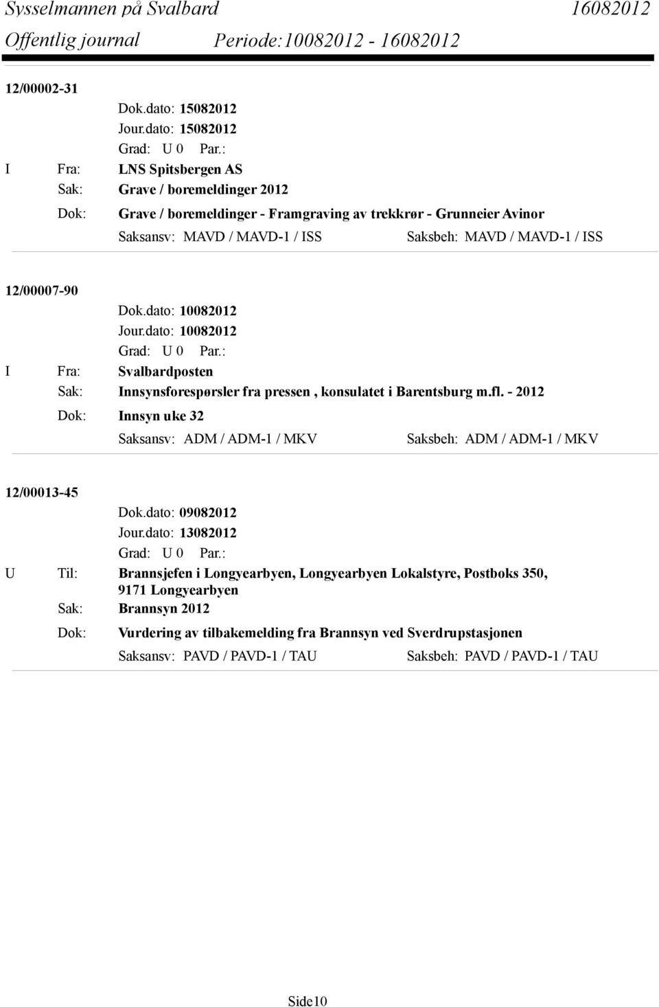 Saksbeh: MAVD / MAVD-1 / ISS 12/00007-90 Jour.dato: 10082012 I Fra: Svalbardposten Sak: Innsynsforespørsler fra pressen, konsulatet i Barentsburg m.fl.