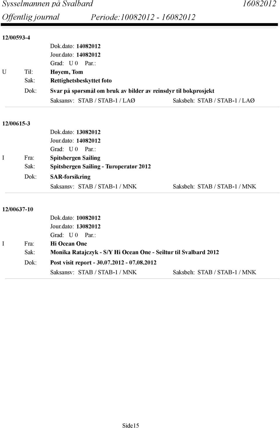 SAR-forsikring Saksansv: STAB / STAB-1 / MNK Saksbeh: STAB / STAB-1 / MNK 12/00637-10 I Fra: Hi Ocean One Sak: Monika Ratajczyk - S/Y Hi