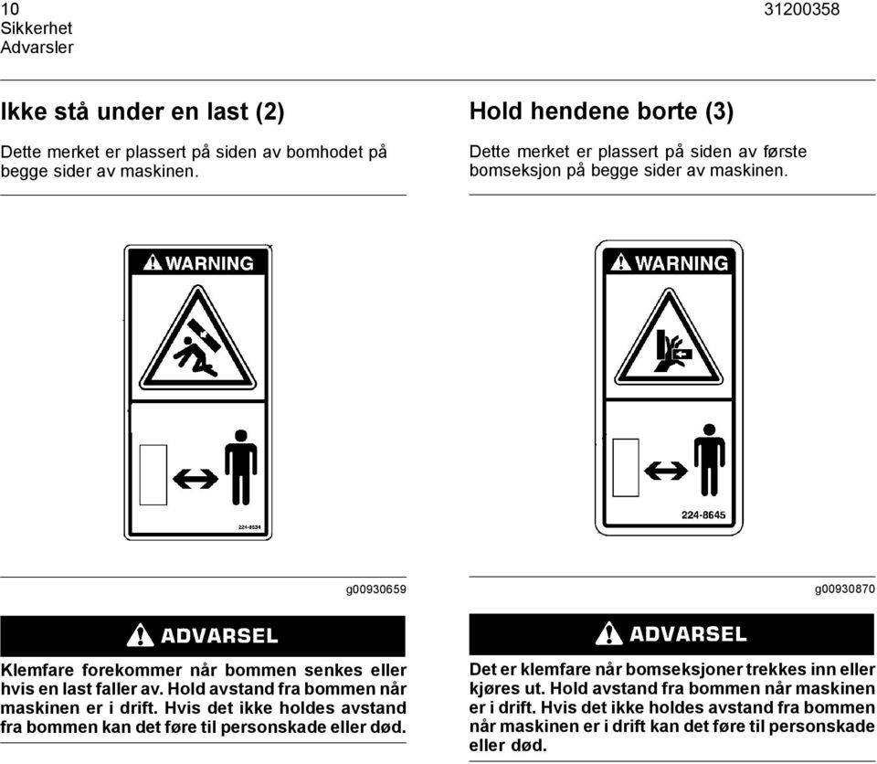 g00930659 g00930870 Klemfare forekommer når bommen senkes eller hvis en last faller av. Hold avstand fra bommen når maskinen er i drift.