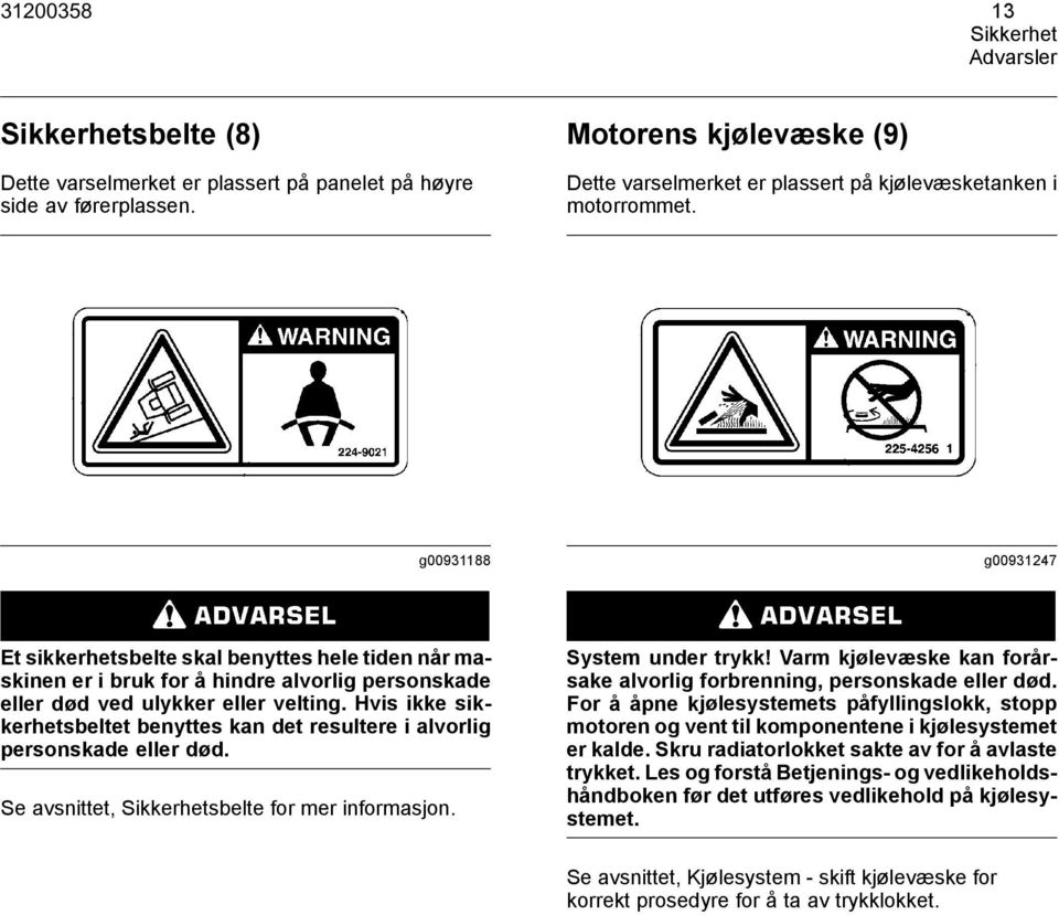 g00931188 g00931247 Et sikkerhetsbelte skal benyttes hele tiden når maskinen er i bruk for å hindre alvorlig personskade eller død ved ulykker eller velting.