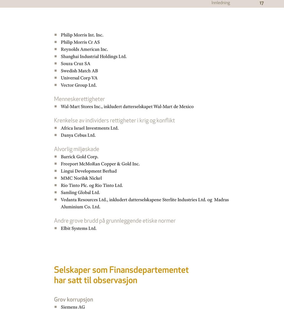 Alvorlig miljøskade Barrick Gold Corp. Freeport McMoRan Copper & Gold Inc. Lingui Development Berhad MMC Norilsk Nickel Rio Tinto Plc. og Rio Tinto Ltd. Samling Global Ltd. Vedanta Resources Ltd.