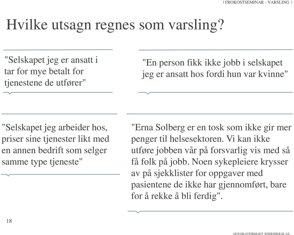 ansatt hos fordi hun var kvinne" "Selskapet jeg arbeider hos, priser sine tjenester likt med en annen bedrift som selger samme type tjeneste" "Erna