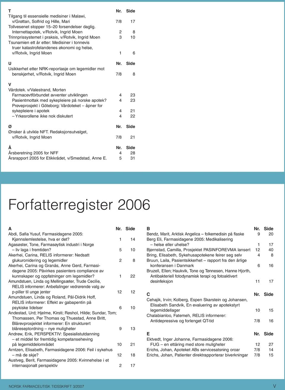 Ingrid Moen 1 6 U Nr. Side Usikkerhet etter NRK-reportasje om legemidler mot benskjørhet, v/rotvik, Ingrid Moen 7/8 8 V Vårdotek.