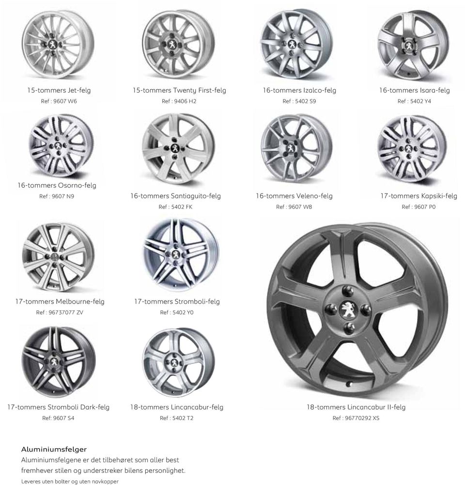 17-tommers Stromboli-felg Ref : 96737077 ZV Ref : 5402 Y0 17-tommers Stromboli Dark-felg Ref: 9607 S4 18-tommers Lincancabur-felg Ref : 5402 T2 18-tommers Lincancabur
