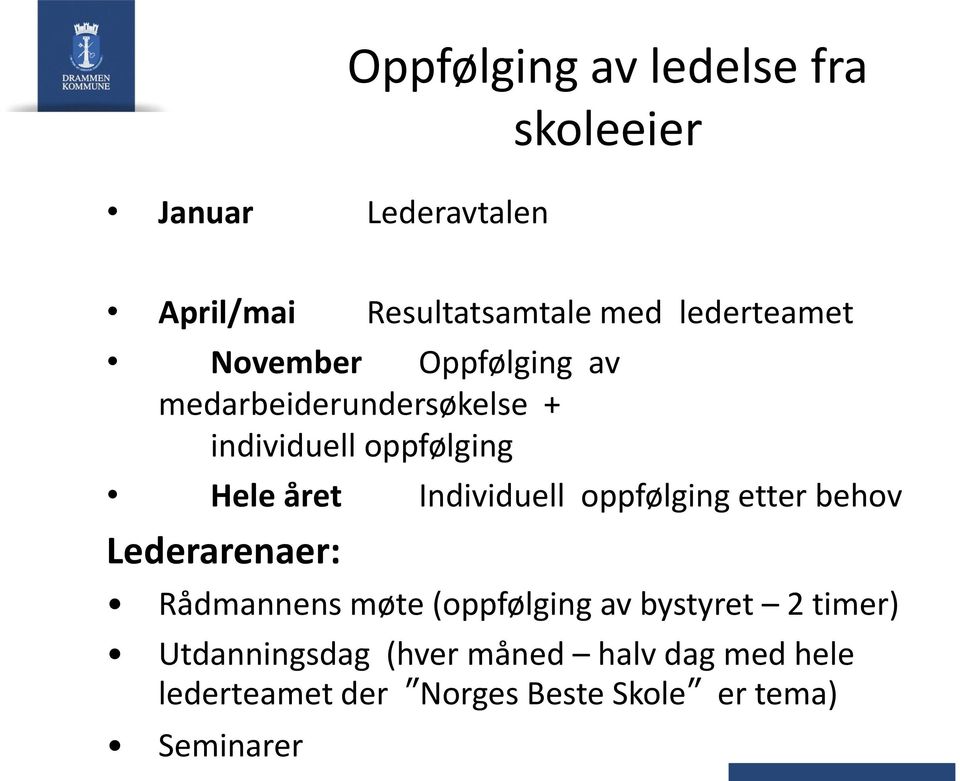 Individuell oppfølging etter behov Lederarenaer: Rådmannens møte (oppfølging av bystyret 2