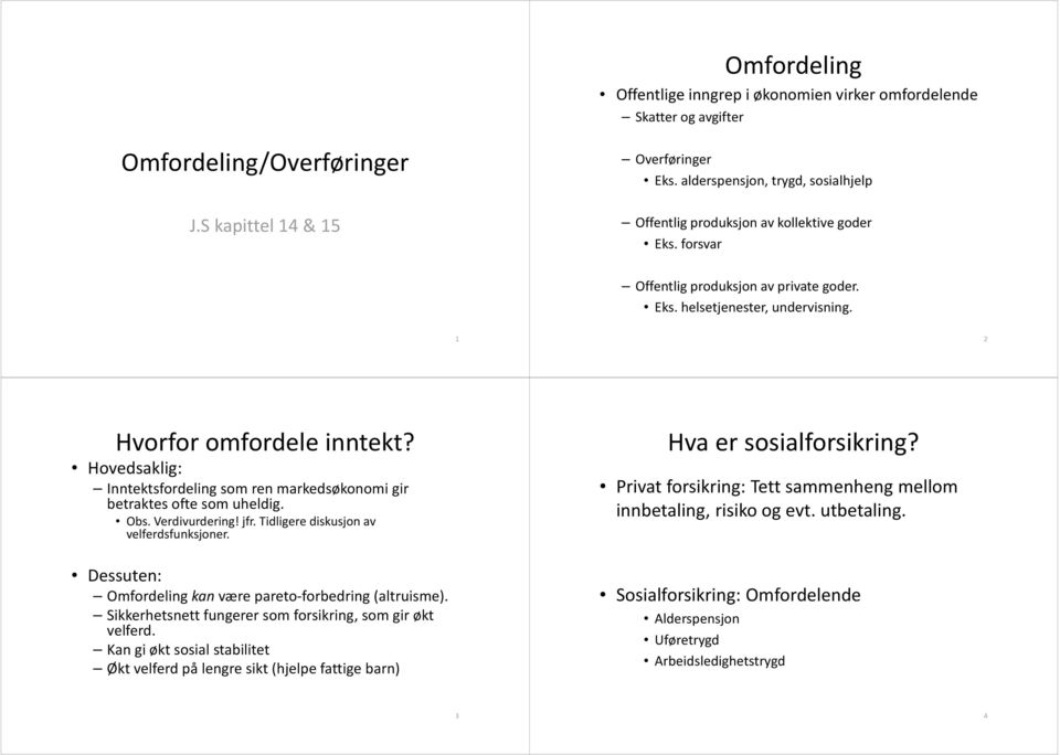 Hovedsaklig: Inntektsfordeling som ren markedsøkonomi gir betraktes ofte som uheldig. Obs. Verdivurdering! jfr. idligere diskusjon av velferdsfunksjoner.