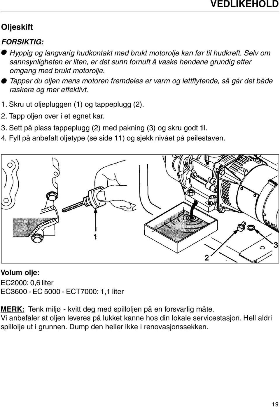 Tapper du oljen mens motoren fremdeles er varm og lettflytende, så går det både raskere og mer effektivt. 1. Skru ut oljepluggen (1) og tappeplugg (2). 2. Tapp oljen over i et egnet kar. 3.