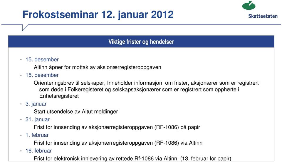 selskapsaksjonærer som er registrert som opphørte i Enhetsregisteret 3. januar Start utsendelse av Altut meldinger 31.