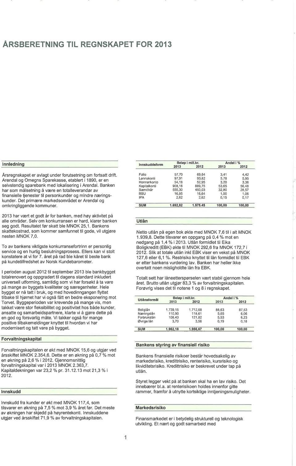 Banken har som målsetning å være en totalleverandør av finansielle $enester til personkunder og mindre næringskunder. Det primære markedsområdet er Arendal og omkringliggende kommuner.