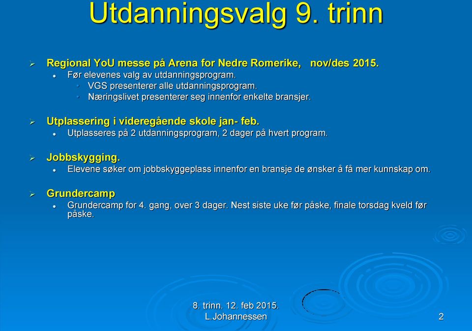 Utplassering i videregående skole jan- feb. Utplasseres på 2 utdanningsprogram, 2 dager på hvert program. Jobbskygging.