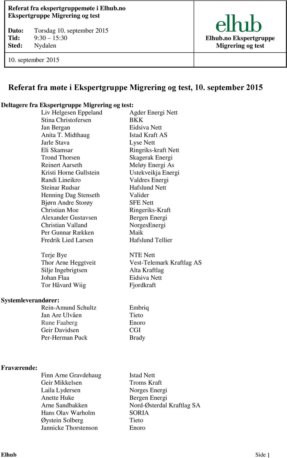 september 2015 Deltagere fra Ekspertgruppe Migrering og test: Liv Helgesen Eppeland Agder Energi Nett Stina Christofersen BKK Jan Bergan Eidsiva Nett Anita T.