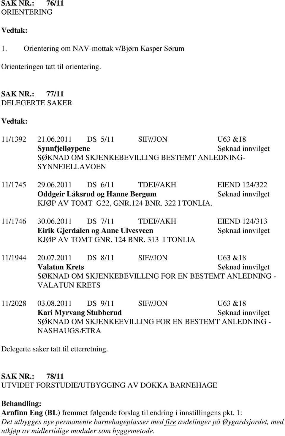 2011 DS 6/11 TDEI//AKH EIEND 124/322 Oddgeir Låksrud og Hanne Bergum Søknad innvilget KJØP AV TOMT G22, GNR.124 BNR. 322 I TONLIA. 11/1746 30.06.