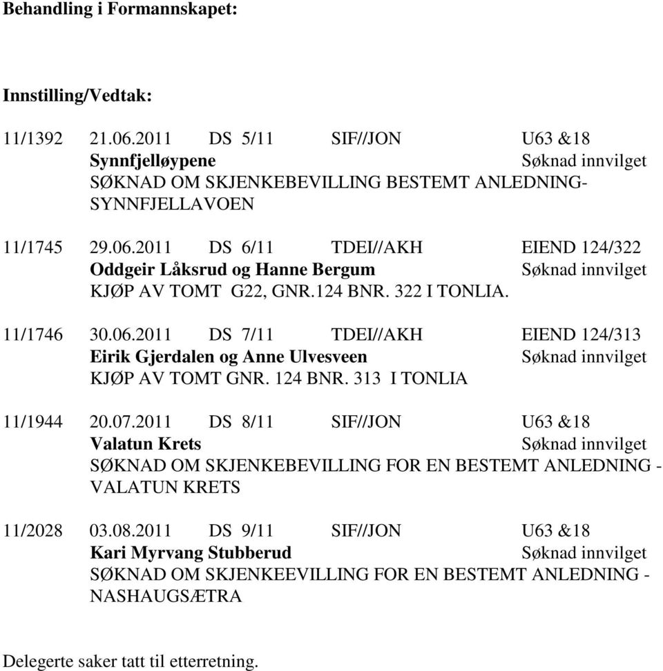 2011 DS 8/11 SIF//JON U63 &18 Valatun Krets Søknad innvilget SØKNAD OM SKJENKEBEVILLING FOR EN BESTEMT ANLEDNING - VALATUN KRETS 11/2028 03.08.