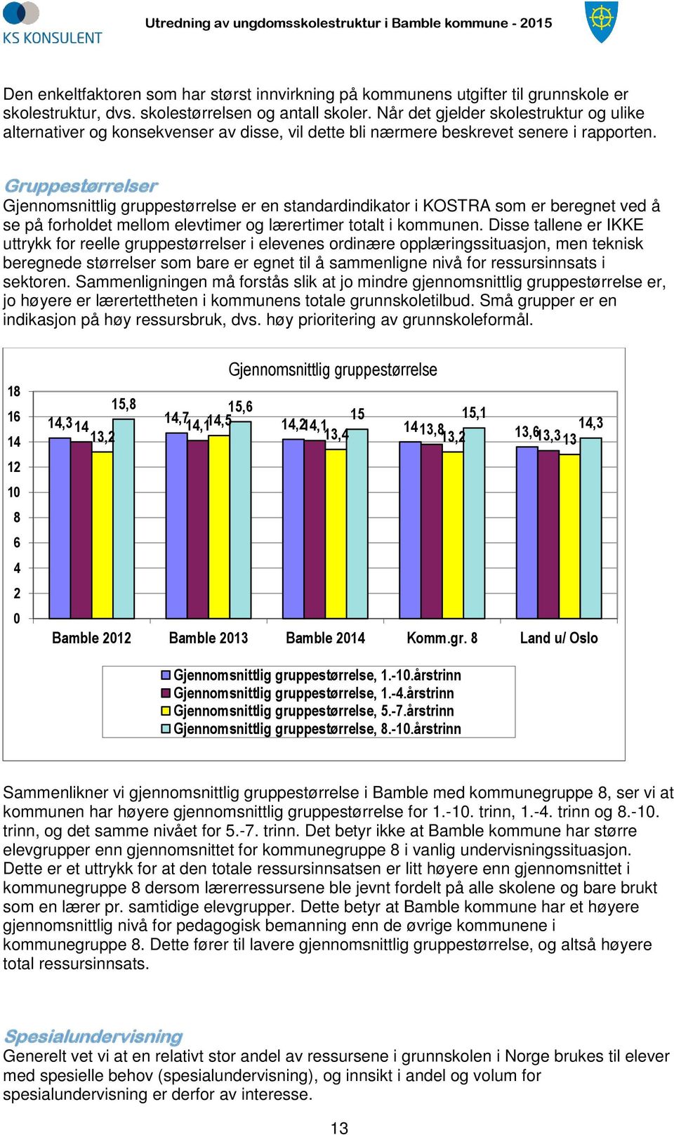 Gruppestørrelser Gjennomsnittlig gruppestørrelse er en standardindikator i KOSTRA som er beregnet ved å se på forholdet mellom elevtimer og lærertimer totalt i kommunen.