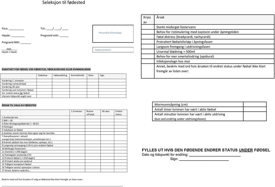 endret status før fødsel Utenom tidspunkt angitt over Fødestue Fødeavdeling Kvinneklinikk Dato Sign Personalia (klistrelapp) Fødeprotokollnr.