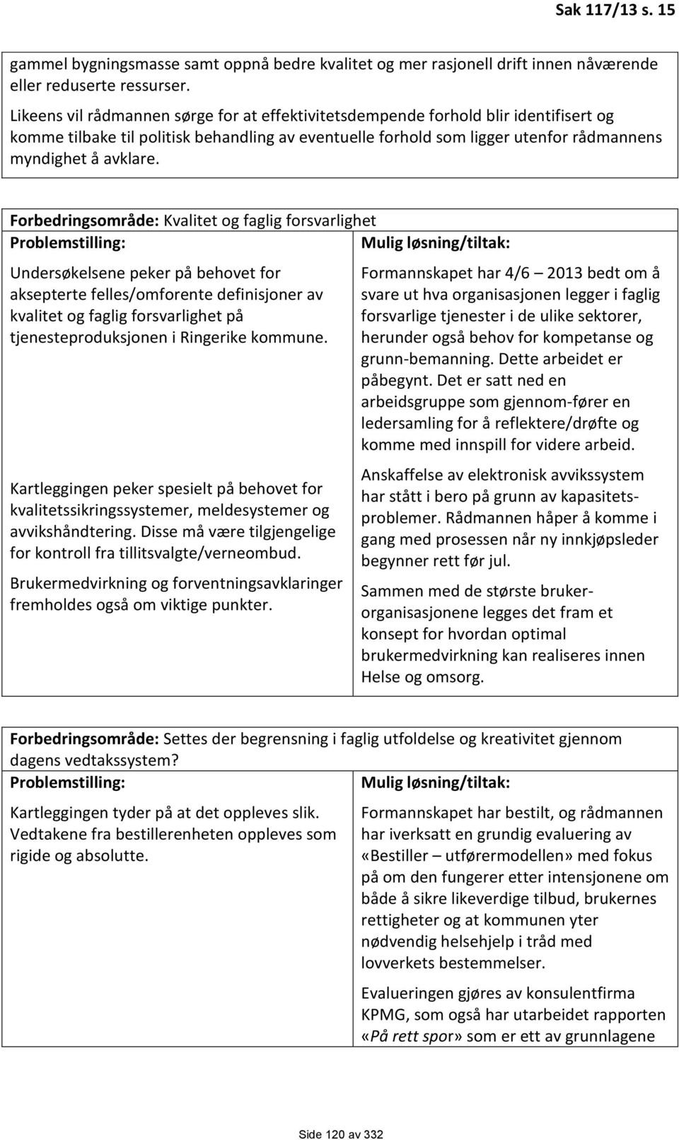 Forbedringsområde: Kvalitet og faglig forsvarlighet Undersøkelsene peker på behovet for aksepterte felles/omforente definisjoner av kvalitet og faglig forsvarlighet på tjenesteproduksjonen i