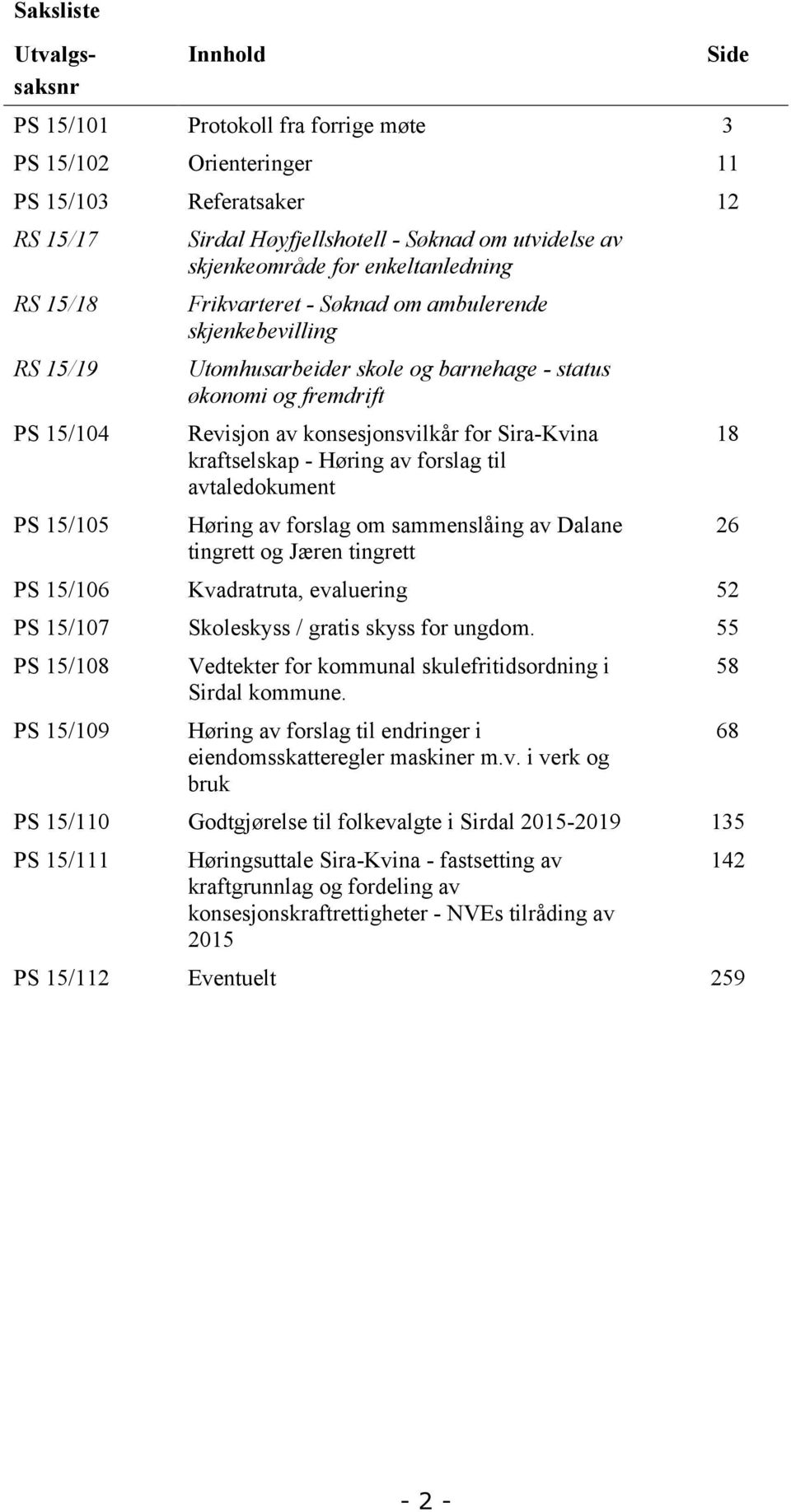 Sira-Kvina kraftselskap - Høring av forslag til avtaledokument Høring av forslag om sammenslåing av Dalane tingrett og Jæren tingrett PS 15/106 Kvadratruta, evaluering 52 PS 15/107 Skoleskyss /