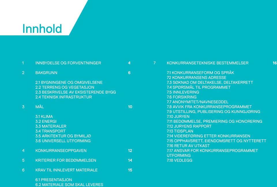 1 KONKURRANSEFORM OG SPRÅK 72 KONKURRANSENS ADRESSE 7.3 SØKNAD OM DELTAKELSE, DELTAKERRETT 7.4 SPØRSMÅL TIL PROGRAMMET 7.5 INNLEVERING 7.6 FORSIKRING 7.7 ANONYMITET/NAVNESEDDEL 7.