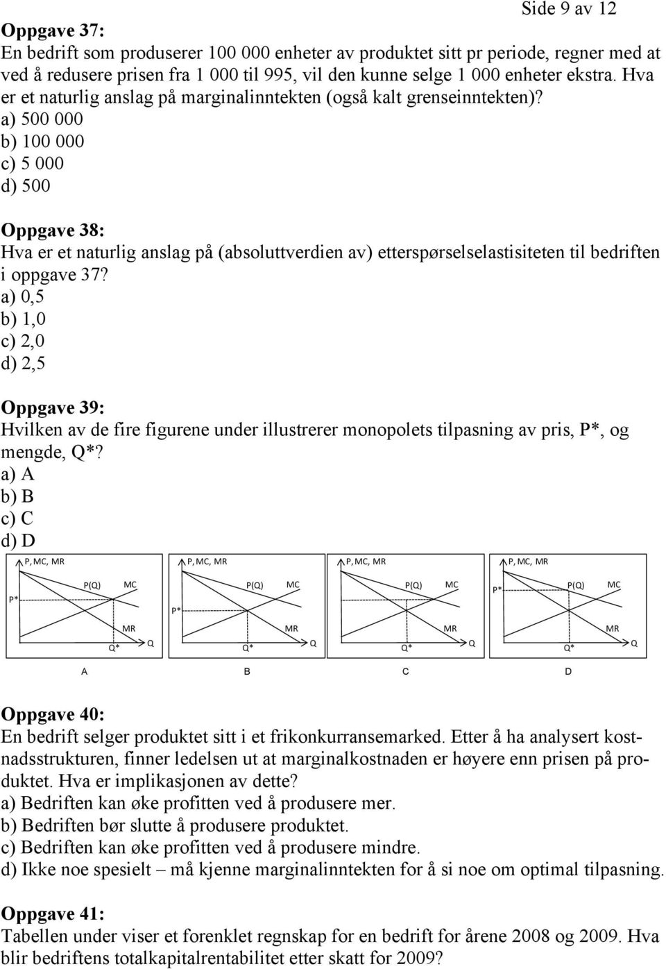 a) 500 000 b) 100 000 c) 5 000 d) 500 Oppgave 38: Hva er et naturlig anslag på (absoluttverdien av) etterspørselselastisiteten til bedriften i oppgave 37?