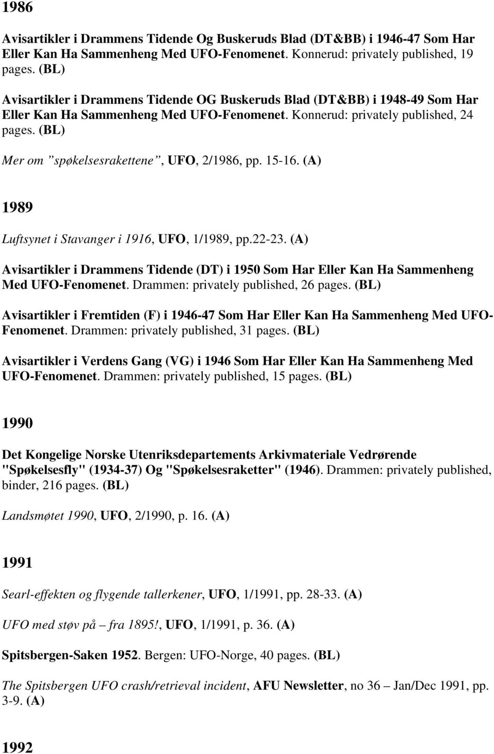 (BL) Mer om spøkelsesrakettene, UFO, 2/1986, pp. 15-16. (A) 1989 Luftsynet i Stavanger i 1916, UFO, 1/1989, pp.22-23.