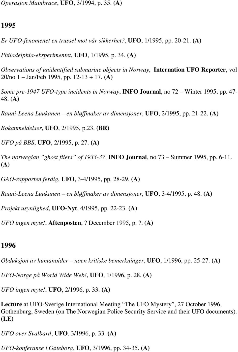 (A) Some pre-1947 UFO-type incidents in Norway, INFO Journal, no 72 Winter 1995, pp. 47-48. (A) Rauni-Leena Luukanen en bløffmaker av dimensjoner, UFO, 2/1995, pp. 21-22.