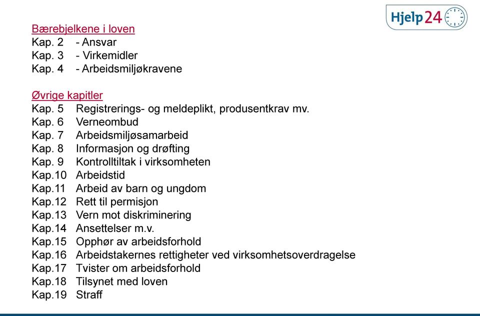 9 Kontrolltiltak i virksomheten Kap.10 Arbeidstid Kap.11 Arbeid av barn og ungdom Kap.12 Rett til permisjon Kap.13 Vern mot diskriminering Kap.